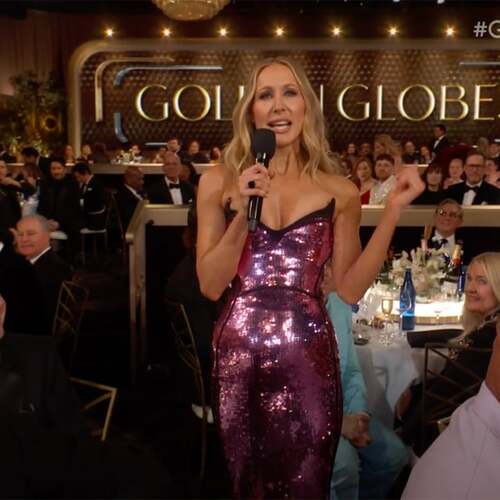 Nikki Glaser roasts the Golden Globes audience with a giant scoreboard